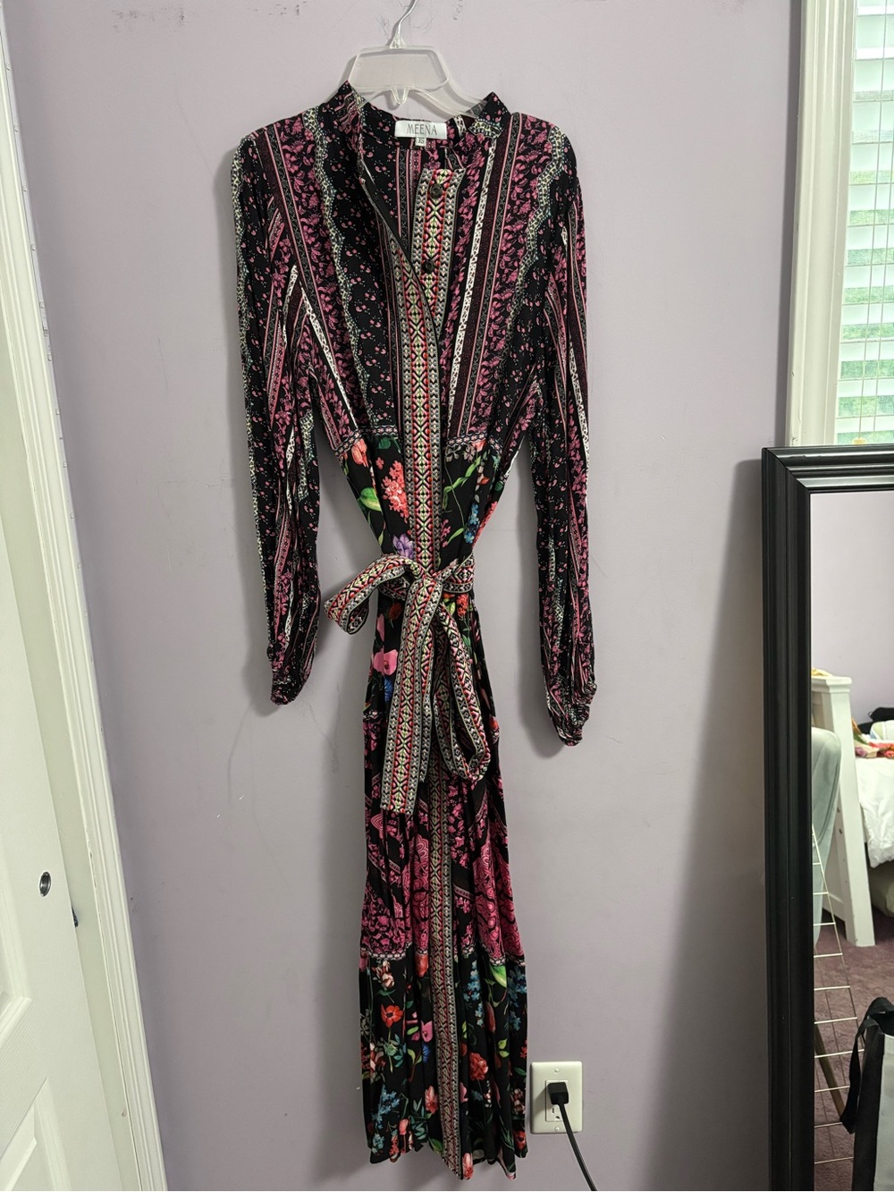 Pink & Black Printed Maxi Dress with Waist Tie